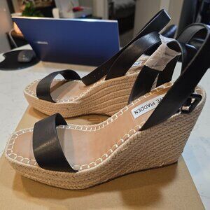 Steve Madden Upstage Black Leather Espedrille High Wedge Platform Sandal SIZE 7